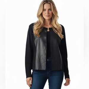 Anne Klein Vintage Y2K Wool Leather Cardigan Sweater Jacket Top Soft Black XL